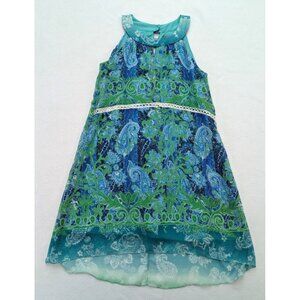Rabbit Women's Dress Size 12 Blue Green Paisley Print Chiffon Hi-Low